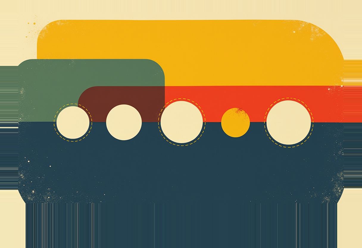 Five circles, four large and cream-colored, one small and yellow, arranged in a row over overlapping green, maroon, orange, and dark teal rounded rectangular panels.