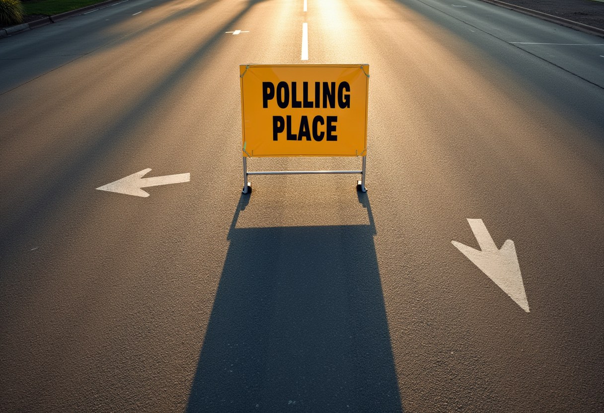 A polling place sign at dawn casting two shadows in opposite directions across empty pavement — left and right, diverging from a single center