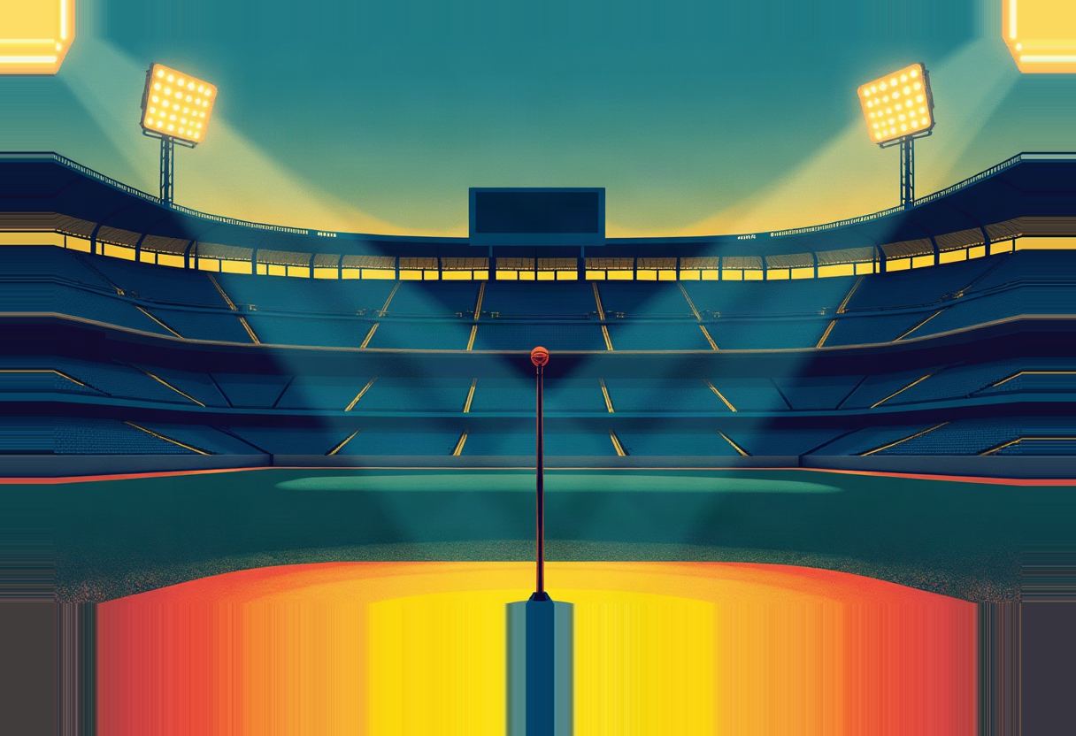 Empty stadium bleachers under stadium floodlights, with a single microphone on a tall stand centered on a glowing orange-yellow lit field.