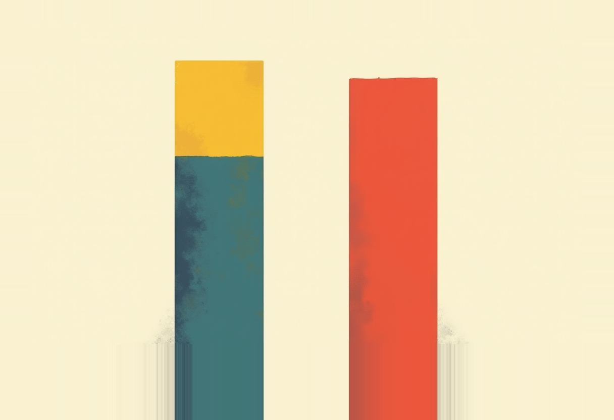 Two textured bar chart columns on a pale yellow background: a taller left bar split yellow on top and teal below, and a shorter solid red-orange bar to the right.