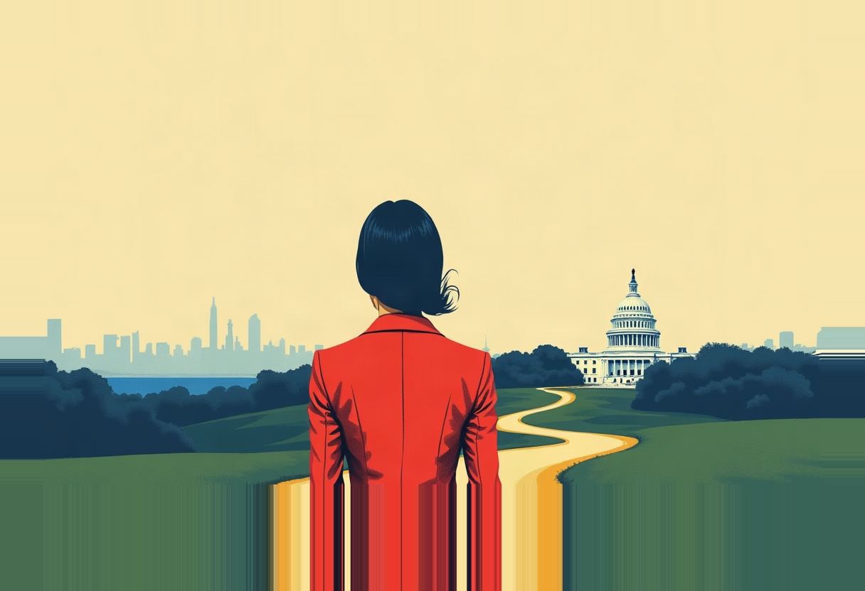 A woman in a red coat, seen from behind, stands on a green hill facing a winding path leading to the U.S. Capitol dome, with a city skyline in the distance.