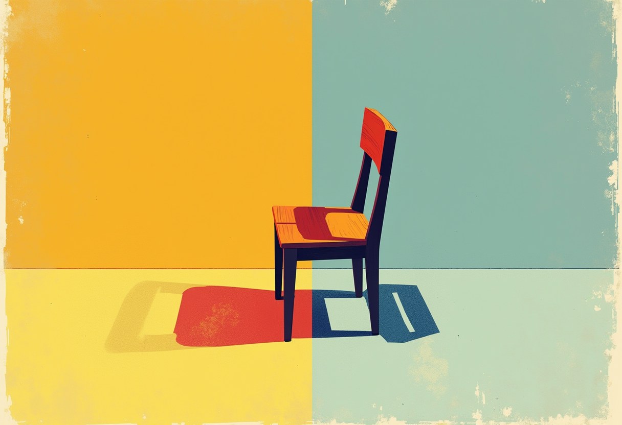 A wooden chair in an empty room lit from two sides at different color temperatures, casting two diverging shadows