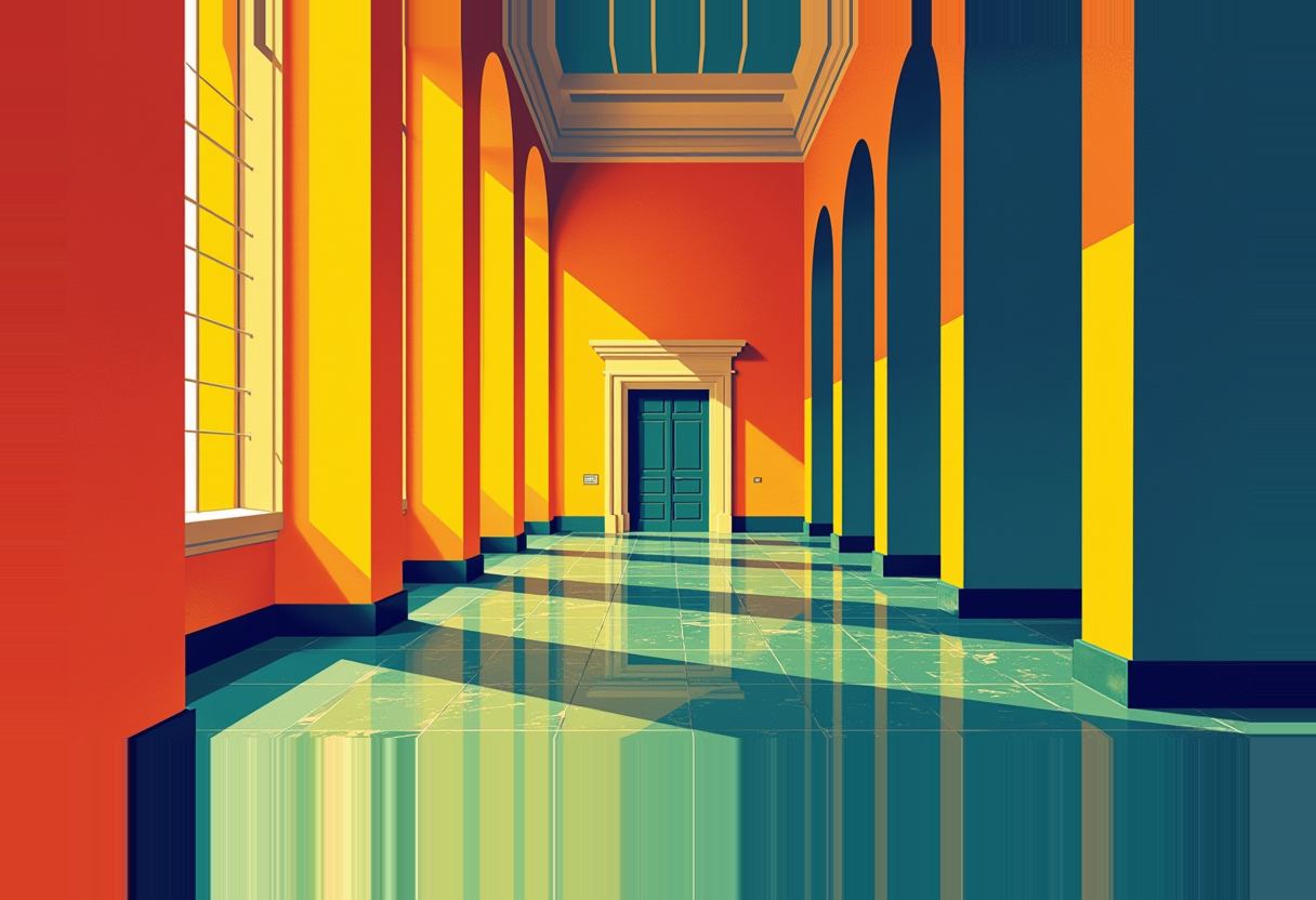 A stylized courthouse hallway with red, orange, and yellow walls, dark teal columns and a closed teal door, and a reflective green-tiled floor.