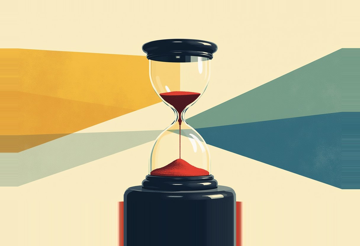 An hourglass with red sand, its dark base on a pedestal, set against a cream background with yellow, teal, and blue triangular beams radiating outward.