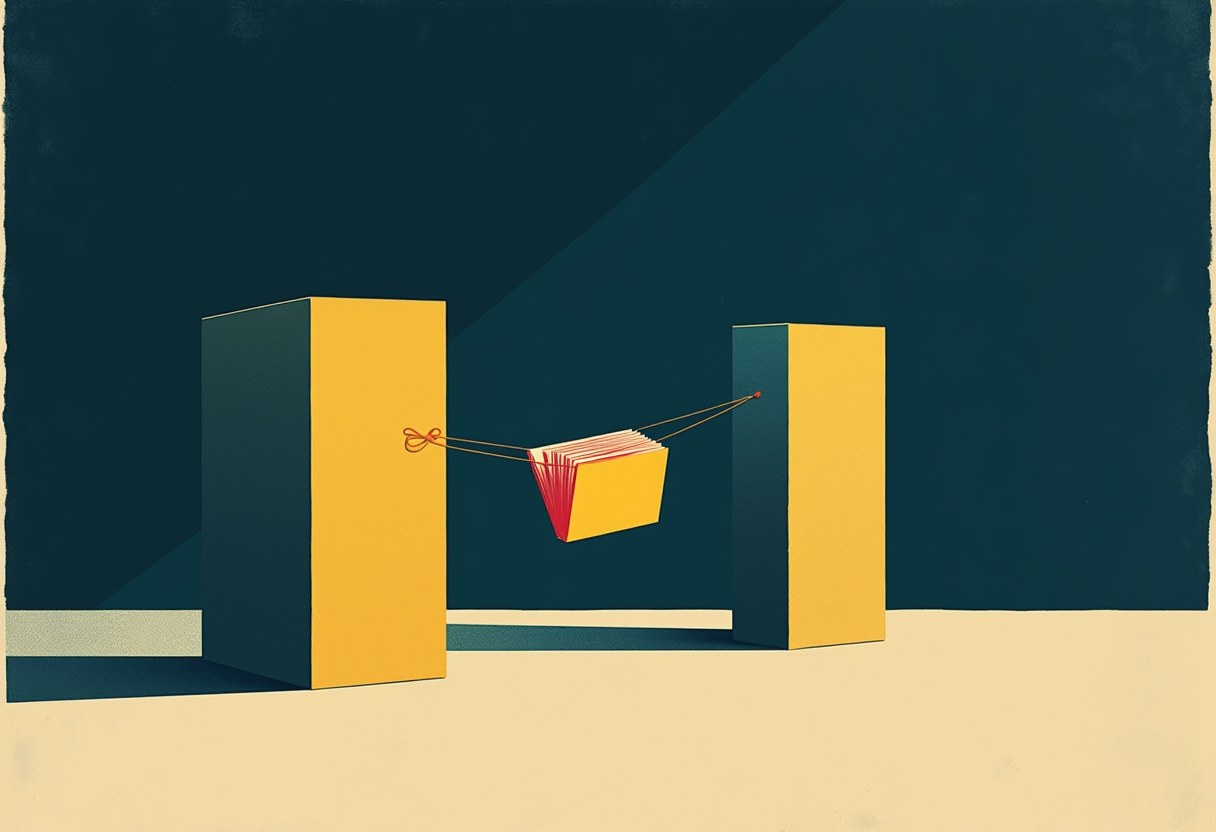 Editorial illustration: two tall blank monolithic slabs face each other across a dark void; suspended between them by two taut strings, one tied to each, hangs a single folder of papers — a contested file held in the balance.