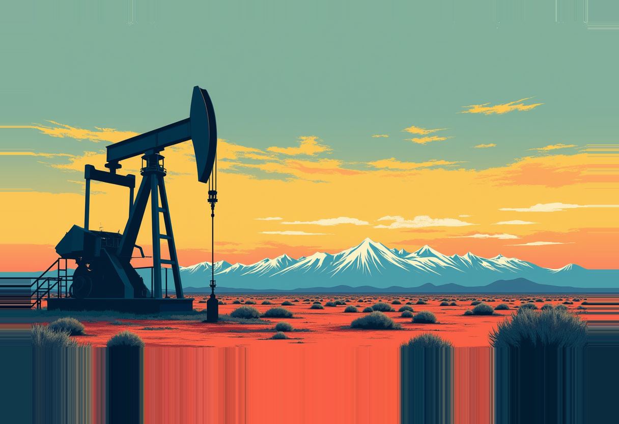A dark oil pump jack stands on a red desert plain with scrub bushes, snow-capped mountains on the horizon under an orange, yellow, and teal sunset sky.