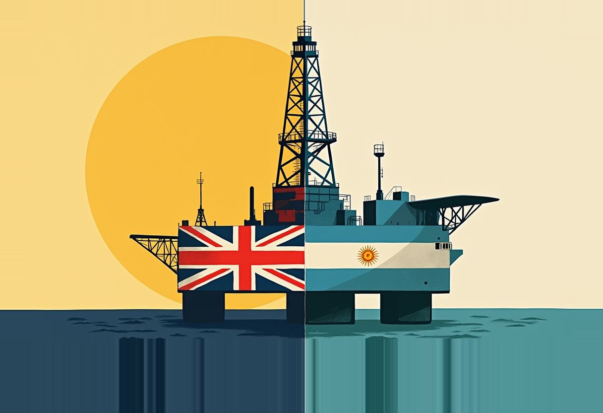 An offshore oil rig split down the middle, its left half painted with the UK flag and right half with Argentina's flag, set against a large sun and teal water.