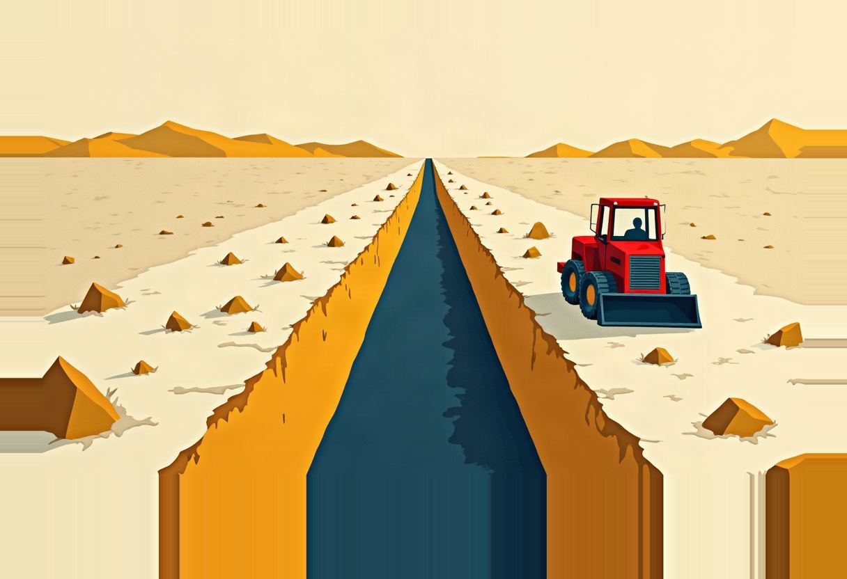 Illustration of a long dark trench cut through a tan desert flanked by small triangular mounds, with a red front-loader tractor parked beside it and distant orange hills.