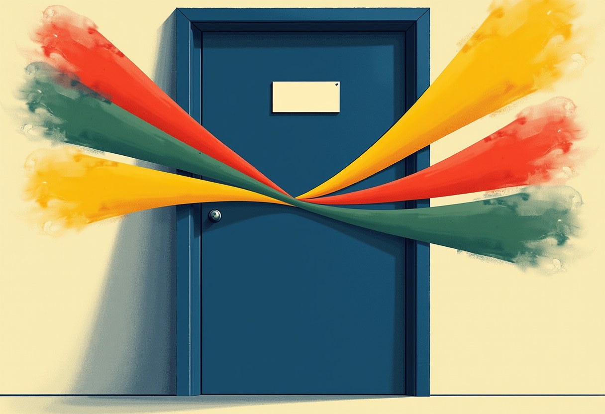 A closed blue door with a blank nameplate and a doorknob, with red, orange, and green streaks of paint crossing through it from both sides against a pale yellow background.