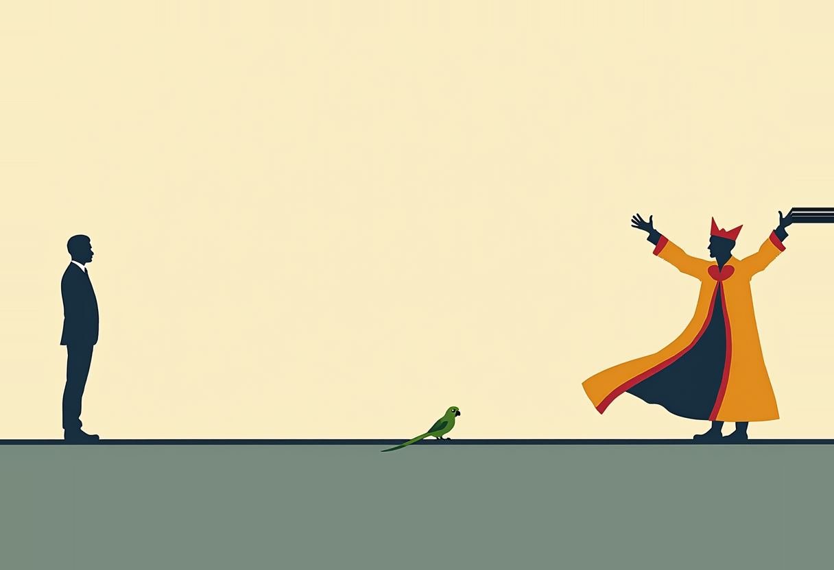 A dark-suited silhouette stands at left, a small green parrot on a line between them, and a figure in an orange and navy robe with a red crown raises both arms at right.