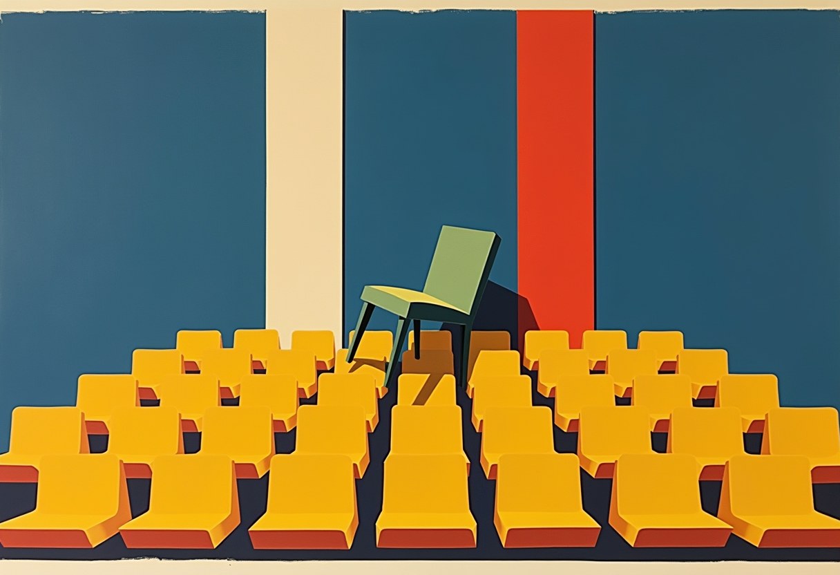 Rows of empty yellow theater-style seats face a single green wooden chair standing alone in front of a blue wall with vertical white and red stripes.