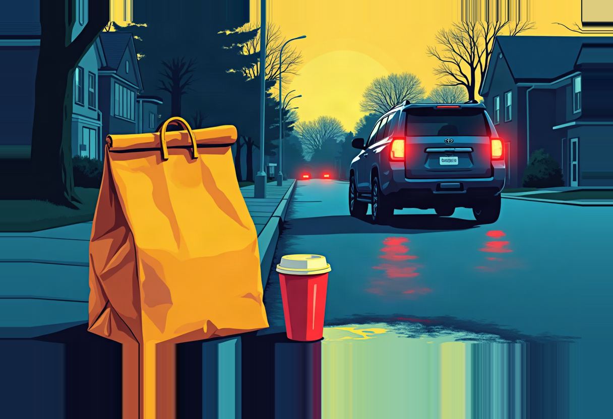 A yellow lunch bag and red coffee cup sit on a curb as an SUV with glowing red taillights drives down a dim suburban street at dusk.