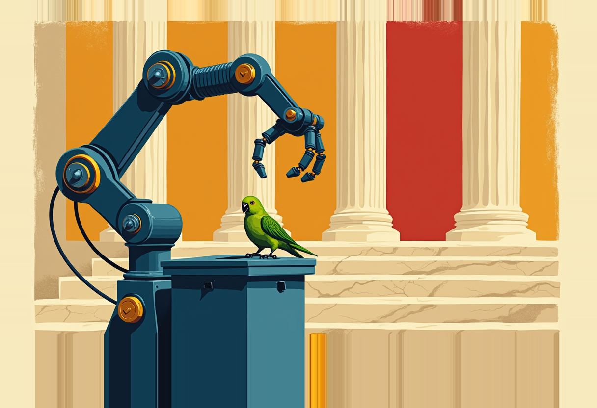 A dark blue mechanical robot arm with an open claw hovers over a green parrot perched atop its base, in front of columns striped orange and red.