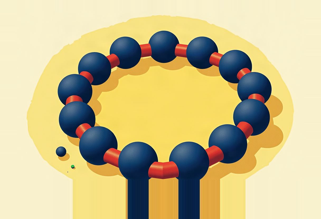 A ring of large dark-blue spheres linked by short red cylindrical connectors, with two small dark lines hanging below it and tiny stray blue and green dots nearby, set against a yellow background.