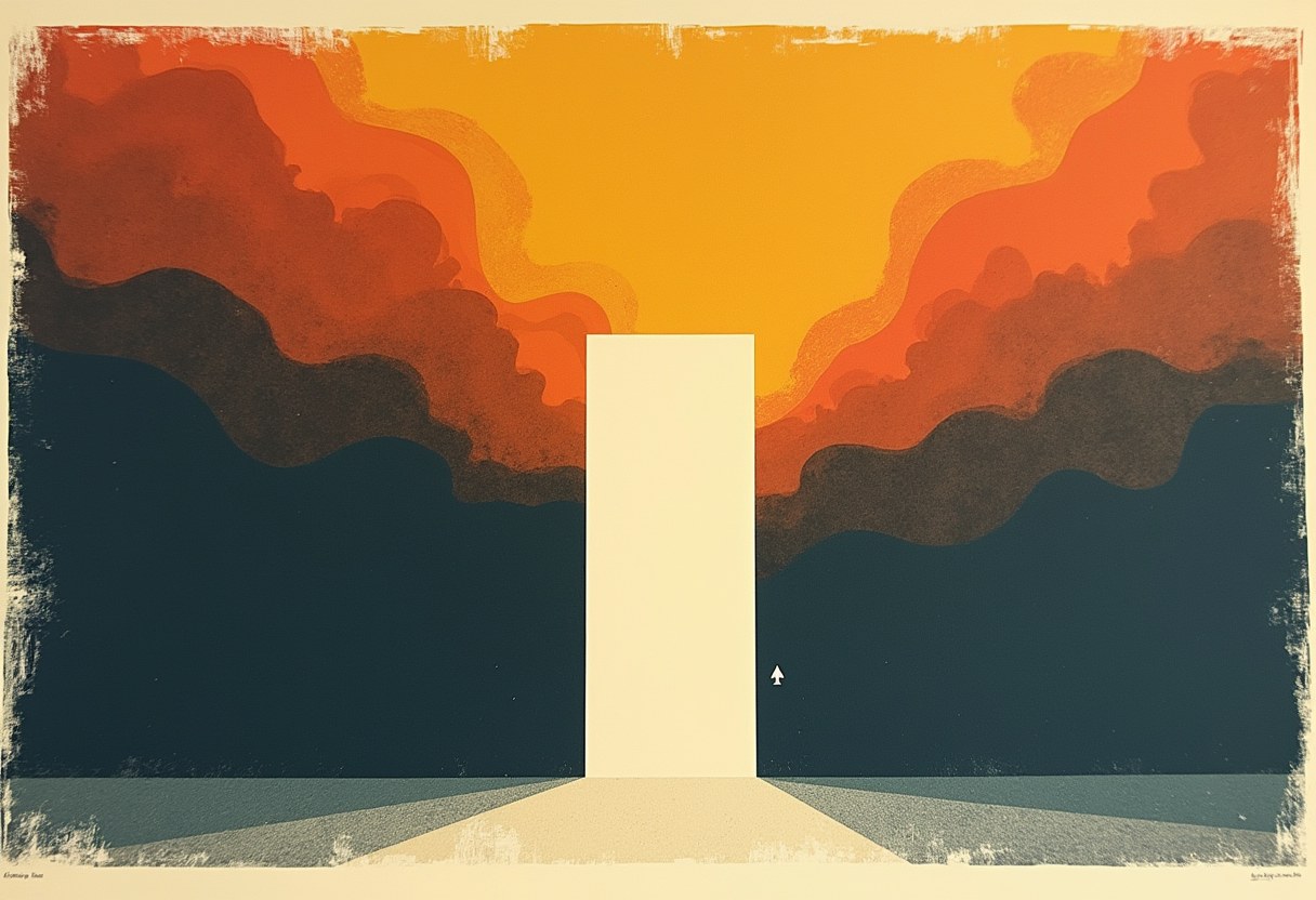 Abstract risograph: a pale doorway-shaped opening in a dark wall beneath billowing ember-toned smoke, a small exit arrow at right