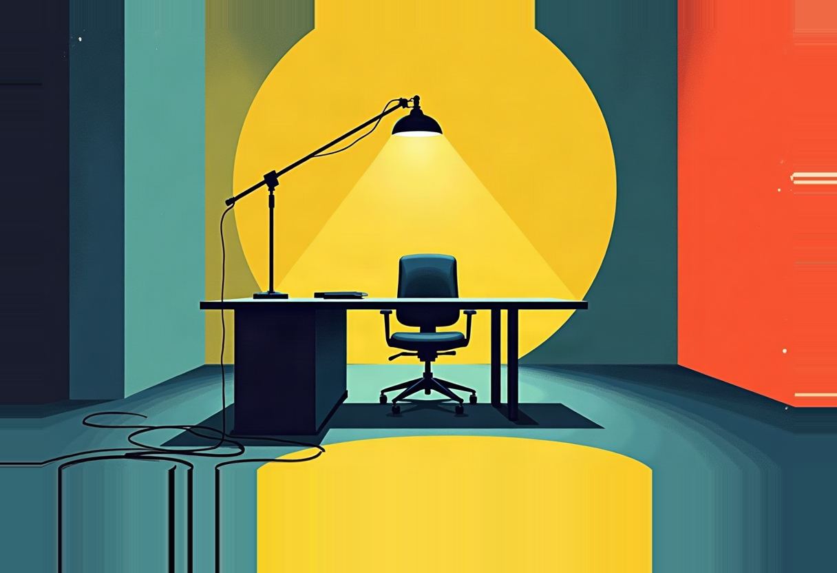 An empty office chair sits at a desk under an angled desk lamp, lit by a large yellow circle against teal and red backdrop panels, with tangled cables trailing across the floor.