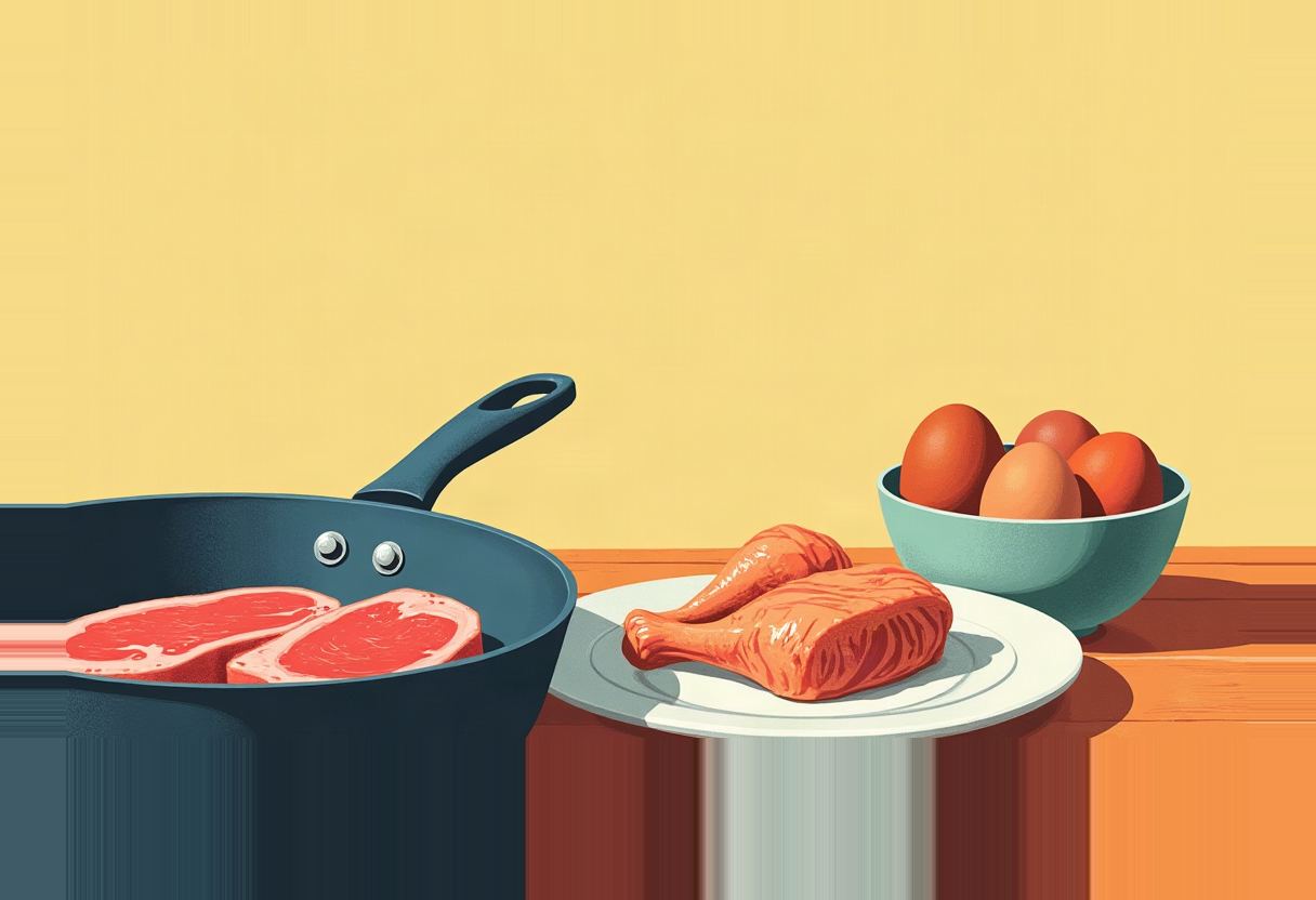 Illustration of raw steaks in a dark pan beside a plate of chicken drumsticks and a teal bowl of brown eggs on a wooden counter, yellow background.