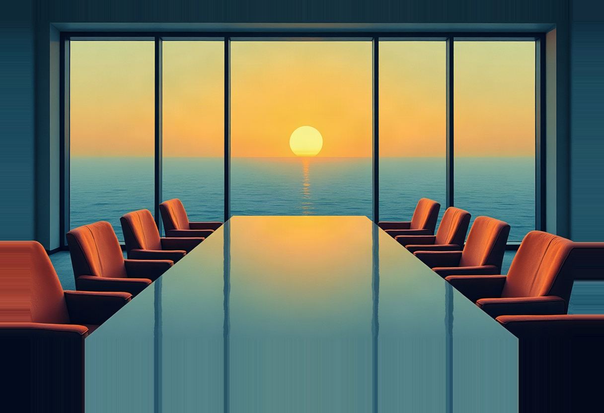 An empty boardroom table with orange chairs faces floor-to-ceiling windows overlooking the ocean at sunset, the sun low on the horizon.