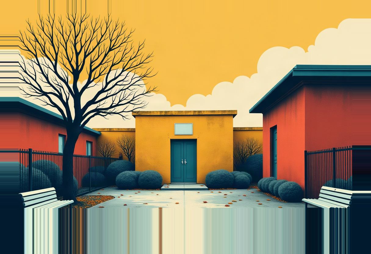 Illustrated school courtyard with a yellow building, teal double doors, a bare tree, dark round hedges, two benches, and iron fencing under an orange sky.