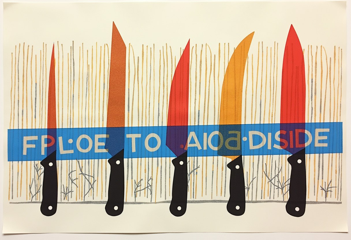 Abstract risograph composition of overlapping blade silhouettes and garden fence geometry