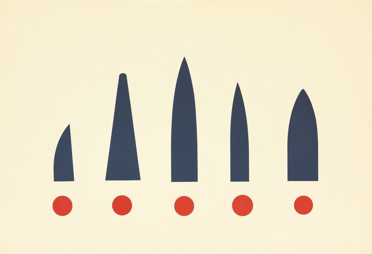 Risograph editorial illustration: five flat navy blade silhouettes stand in a row on warm off-white paper, each a clearly different shape and length. Beneath each sits a small identical red circle. Nothing labels any of them.
