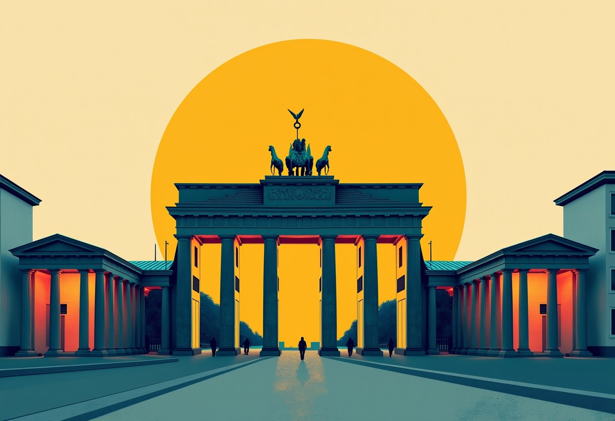 Abstract risograph of Brandenburg Gate at dusk