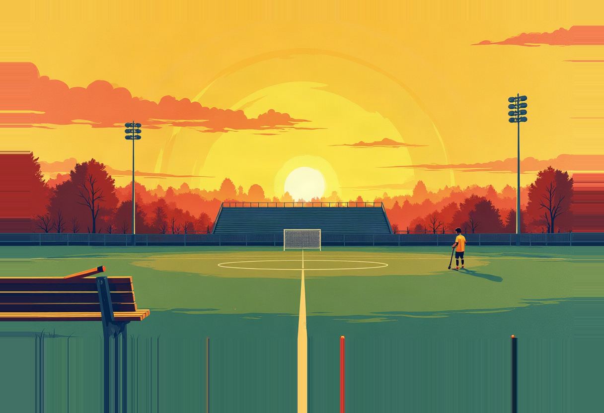 An empty soccer field at sunset with a goal, bleachers, and a lone figure holding a stick, trees and stadium lights framing the horizon.