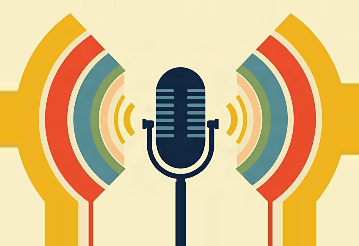 A dark navy retro microphone centered on a cream background, flanked by two symmetrical sets of concentric curved bands in yellow, red, teal, green, and peach, with small yellow sound-wave arcs beside the mic.