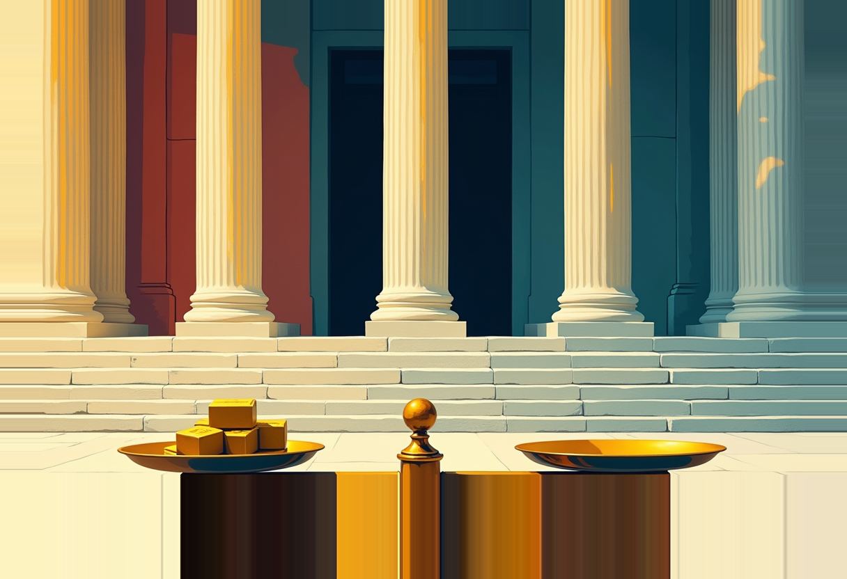 A gold scale before classical courthouse columns has small gold blocks piled on its left pan and the right pan empty.