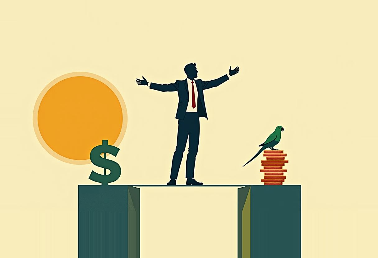 A suited silhouette stands with arms outstretched atop a gap between two platforms, one holding a green dollar sign before a sun, the other a stack of red coins with a green parrot perched on top.