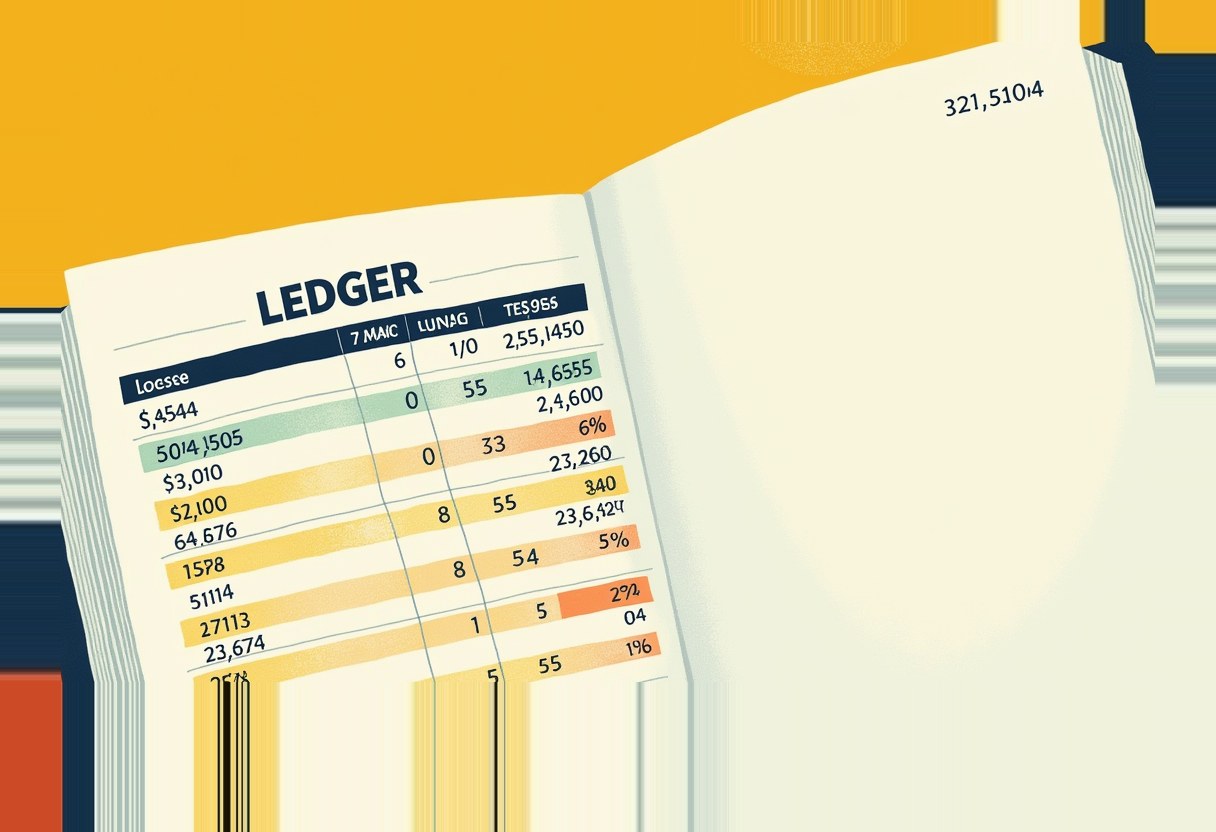 An open ledger book with a blank right page and a left page of rows and columns with numbers, percentages, and highlighted cells, against a mustard-yellow and navy striped background.