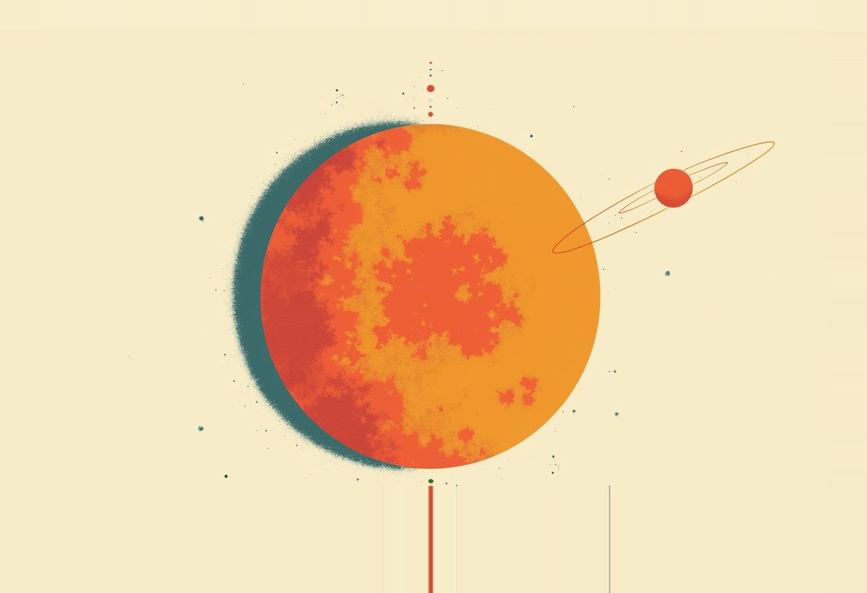 A large mottled orange sphere with a teal halo on one edge, a smaller red sphere on a thin ringed ellipse to its right, on a cream background with small dots and thin vertical lines.
