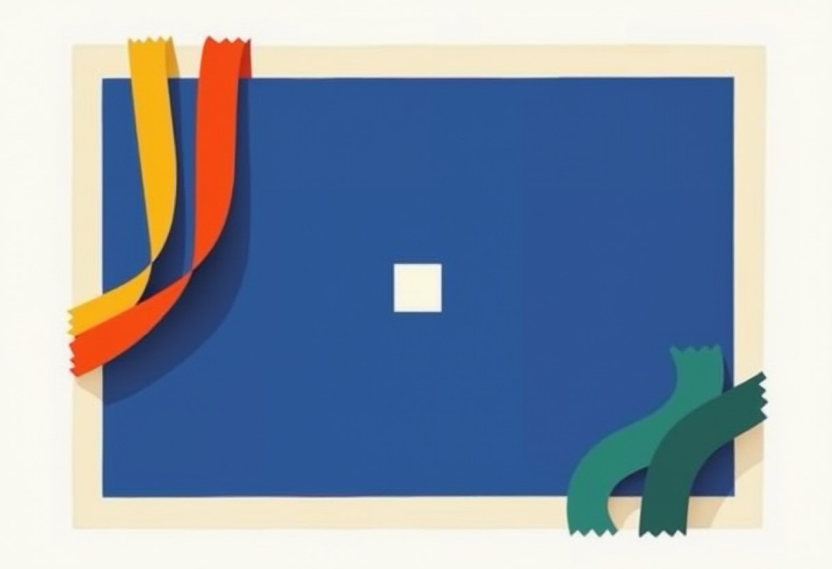 Two jagged-edged ribbons, yellow and orange, curl in from the top left and two teal ribbons curl in from the bottom right of a blue rectangle with a small white square at its center.
