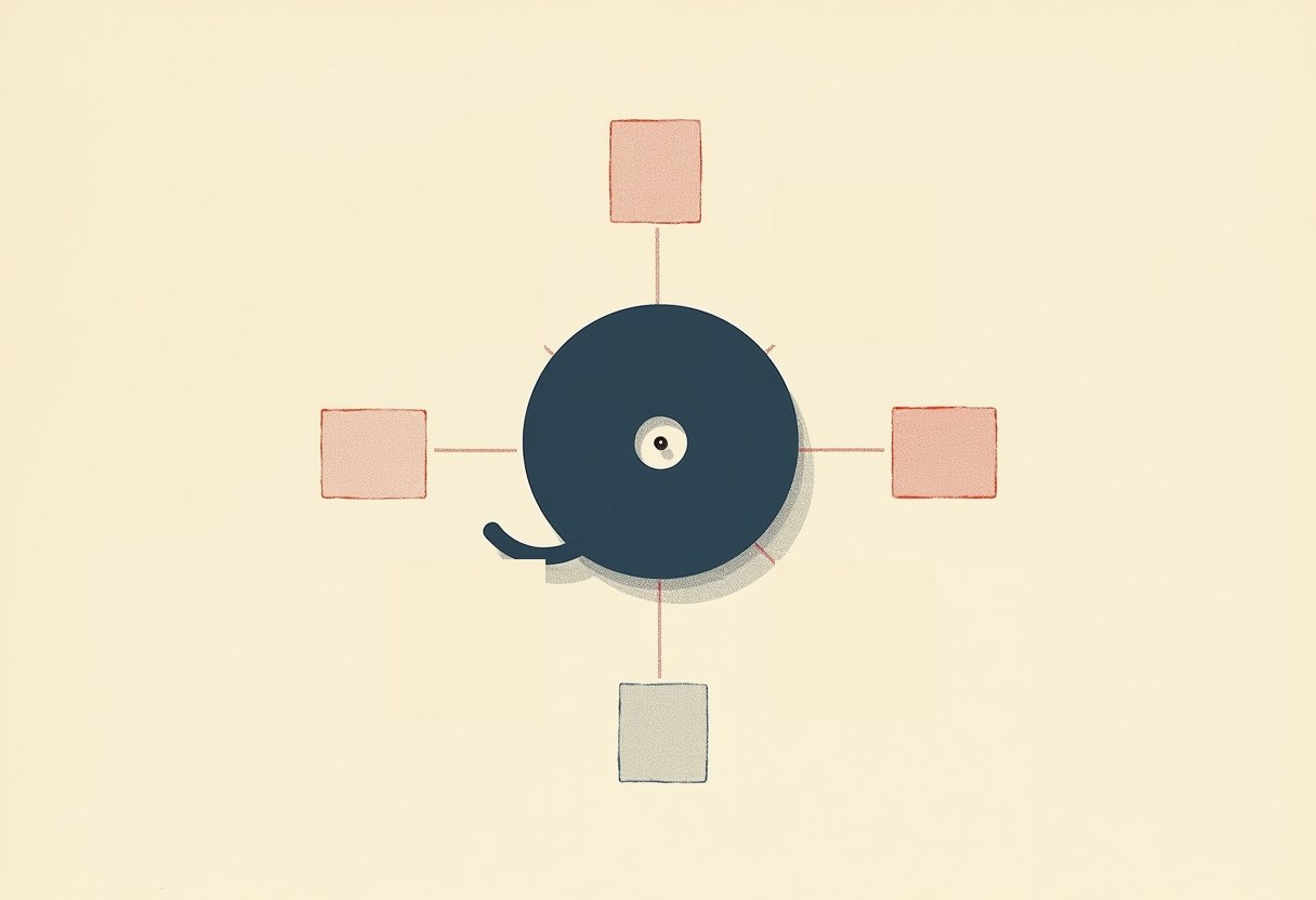 Risograph-style composition of overlapping label fragments — right-wing, conservative nonprofit, watchdog, unnamed — forming the silhouette of a document tape reel