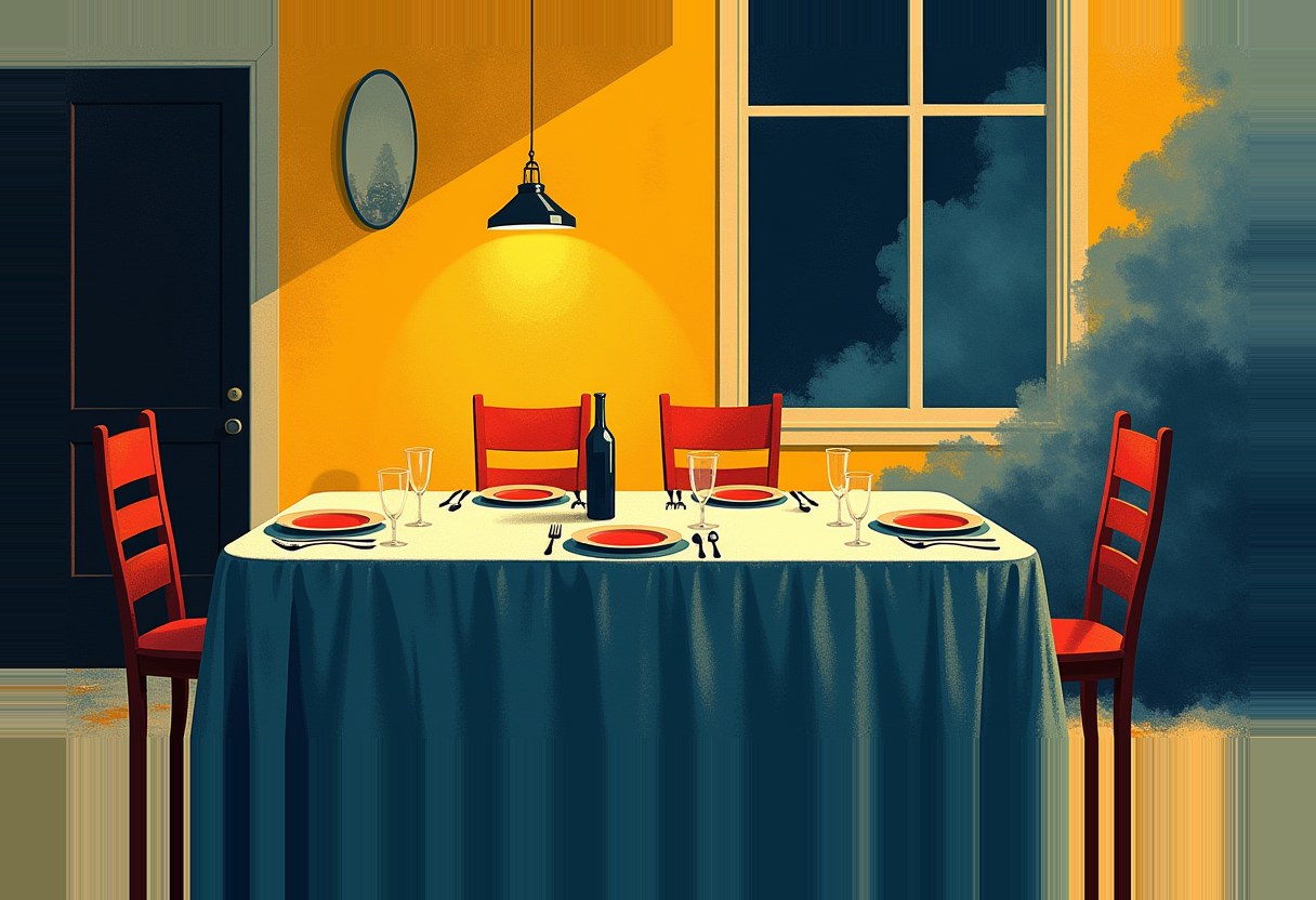 A dining table set with four empty red chairs, plates, glasses, and a wine bottle, lit by a hanging lamp against a yellow wall with a dark window and gray haze.