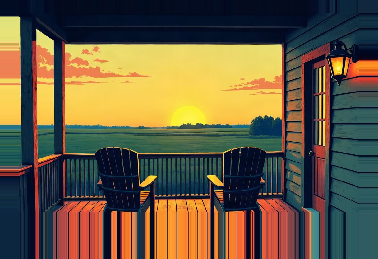 Two wooden rocking chairs on a porch with a lit wall lantern face a flat green field under an orange-yellow sunset.