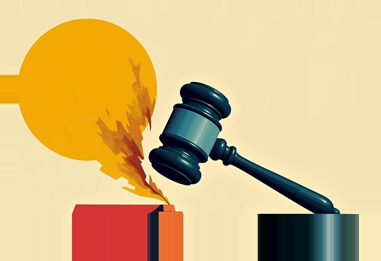 A dark teal gavel strikes a red and orange book, from which a jagged burst radiates in front of a large orange circle on a cream background.