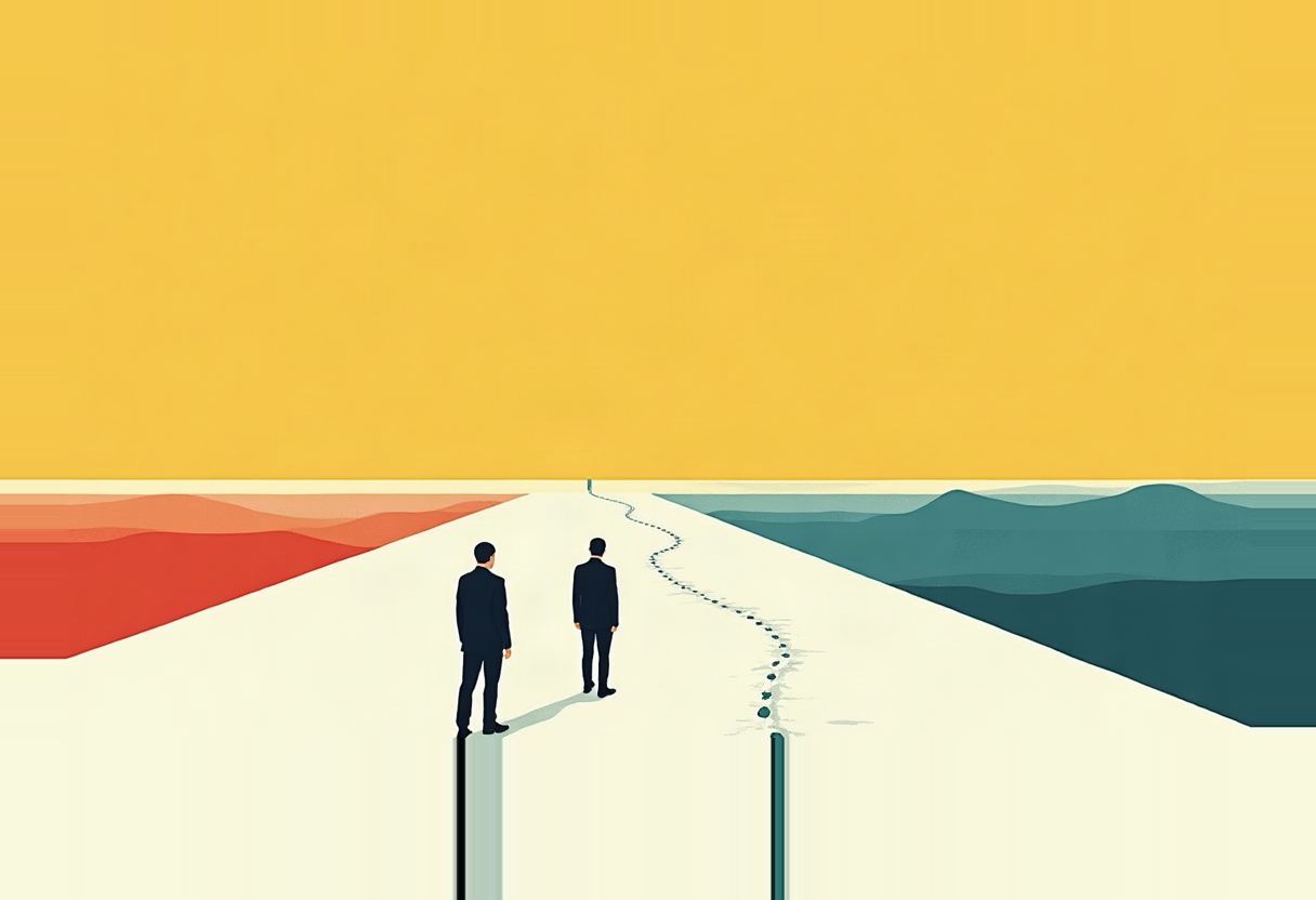 Two silhouetted figures in suits stand back-to-camera on a pale path between red and teal mountain ranges, facing a crack with scattered dark pebbles under a yellow sky.