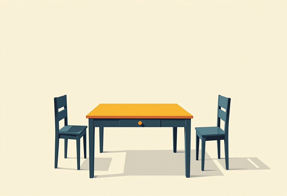 A dark blue table with a yellow top and orange knob sits between two matching empty dark blue chairs on a cream background.