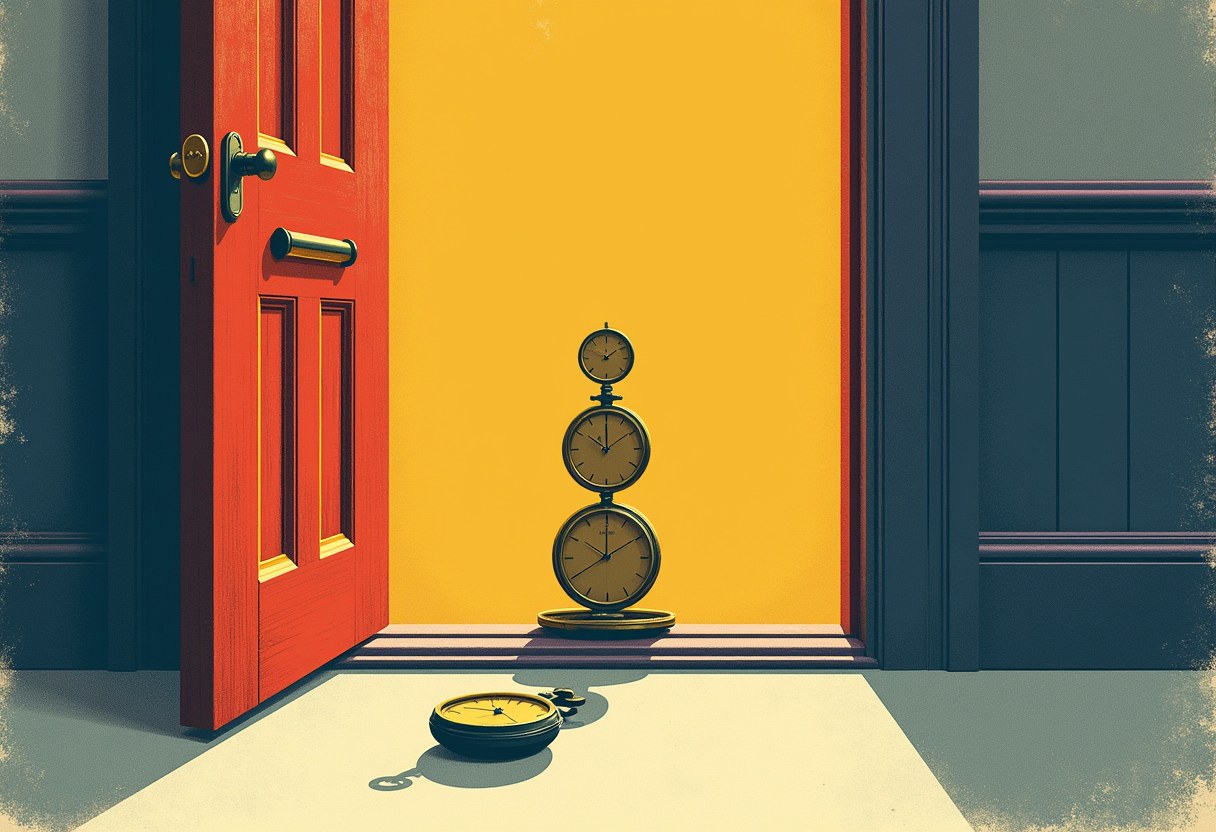 Editorial illustration of a committee-room door ajar with three stacked blank brass discs at its center and two pocket watches below -- one closed with its hands upright, one open on the floor with its hands drooping past that same mark.