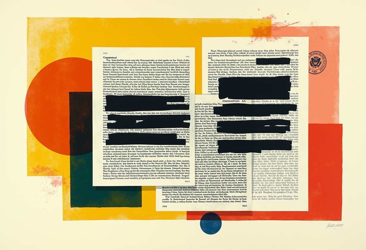 Abstract document-page motif with black censor bars, risograph style