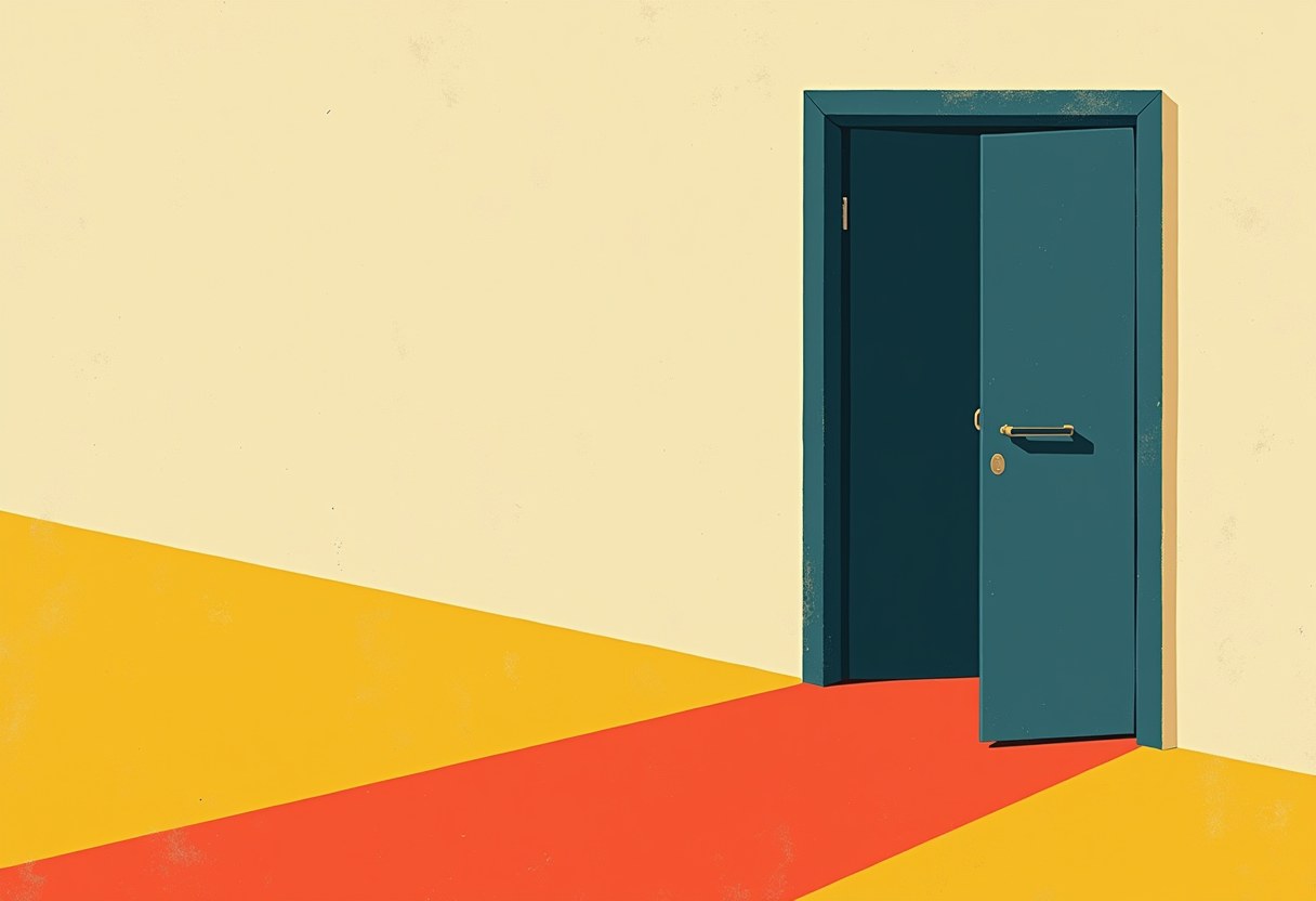 Editorial illustration of light escaping under a sealed door and splitting in two