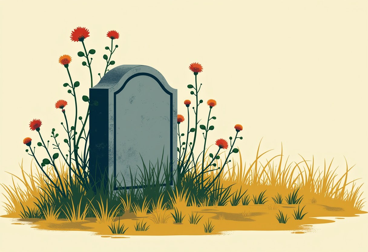 A blank grey gravestone stands amid dry golden grass and orange wildflowers against a pale cream background.