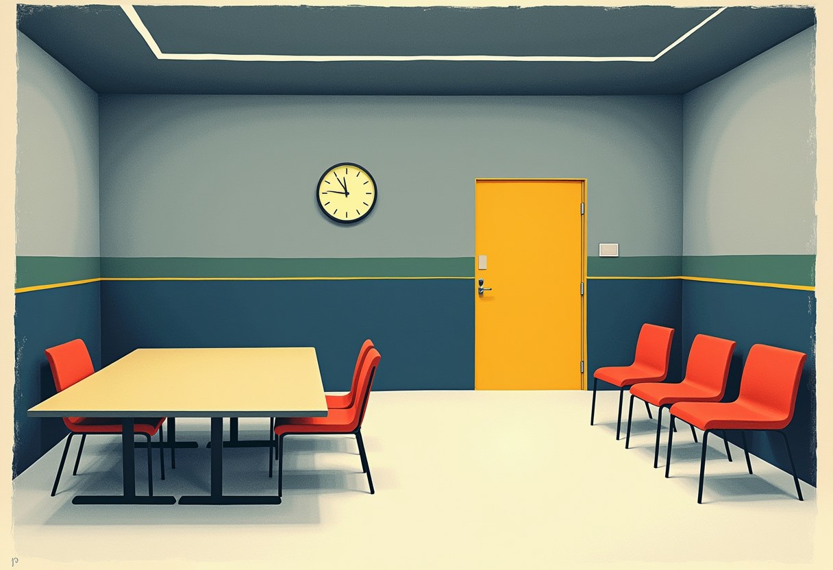 An abstract risograph of an empty institutional meeting room: a bare table with chairs, a row of empty chairs waiting against the far wall, a closed door, and a plain wall clock -- nobody present.
