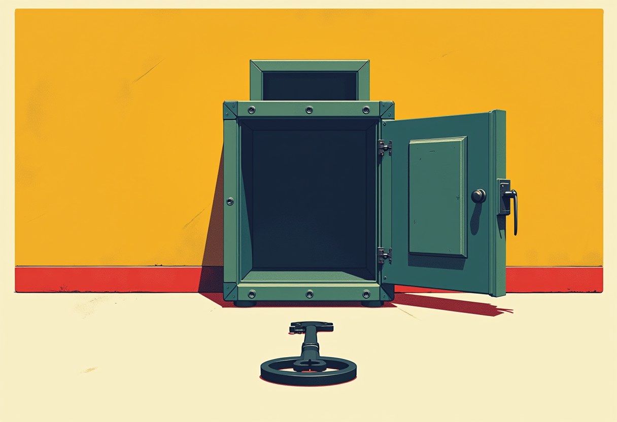 A green metal safe with its door swung open reveals an empty black interior, its round handwheel lock lying detached on the floor, against a yellow wall with a red baseboard.