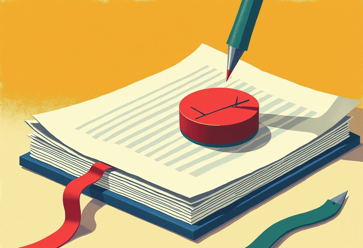 A large red pause button pressed into a stack of legal papers, the top signature line empty, long afternoon shadow