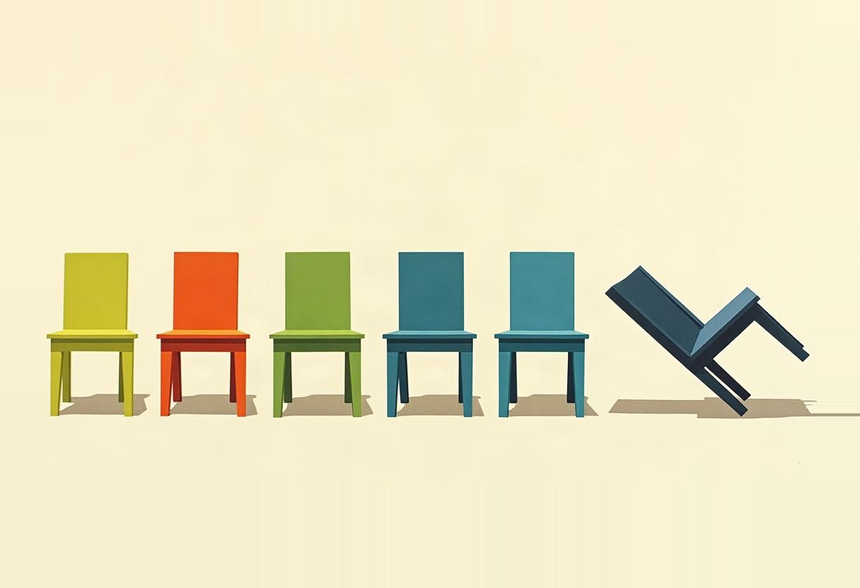 Five illustrated chairs in a row—yellow, orange, green, and two blue—stand upright while a sixth dark blue chair at the end tips over on its side, against a pale cream background.