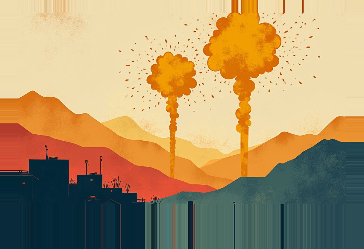 Two orange smoke columns with mushroom-like tops rise behind a dark silhouetted compound with antennas, set against layered orange, red, and teal mountain ridges.