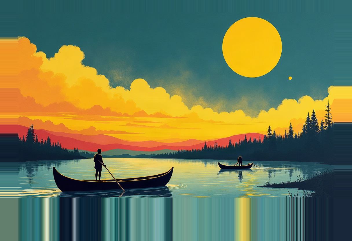 Two silhouetted figures paddle canoes on a lake at sunset under a large yellow sun, with orange clouds, pine-tree silhouettes, and a horizontal band of color-bar glitching across the bottom edge.