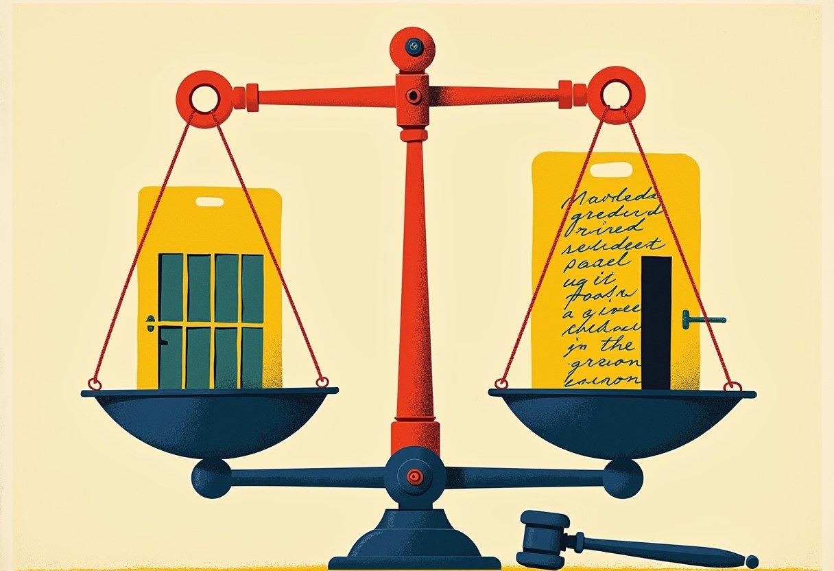 Editorial illustration of a diary in an evidence bag on a courtroom scale, one pan weighed by a barred cell, the other rising with an open door and a key